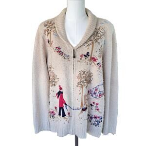 Alfred Dunner Winter Scene Embroidered Cardigan Sweater Medium Cozy Grandma Dog